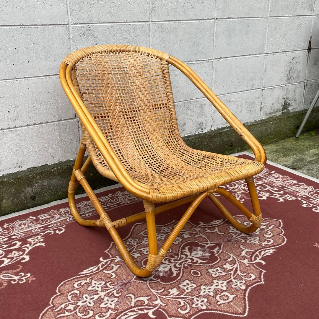 古家具ナチュラル天然素材◾️籐ラタンフレーム ラタンチェア 椅子 アームチェア B