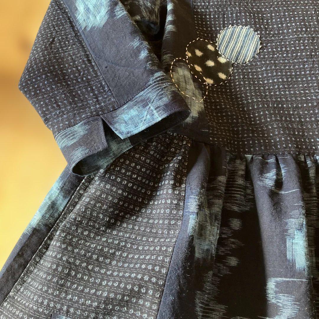 絣リメイク　　Mサイズ刺し子＆アップリケ　シンプルワンピース　ギャザースカート