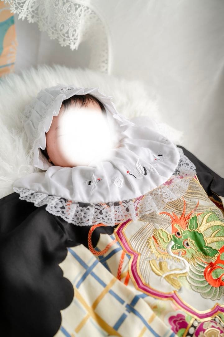 美品　豪華刺繍　お宮参り　産着　祝着　0歳　男の子　黒　龍　長襦袢なし　735