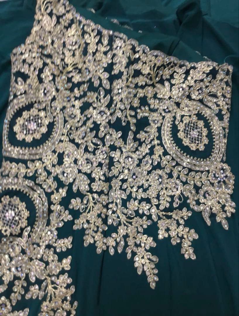 ダークグリーン ワンショルダー パーティードレス