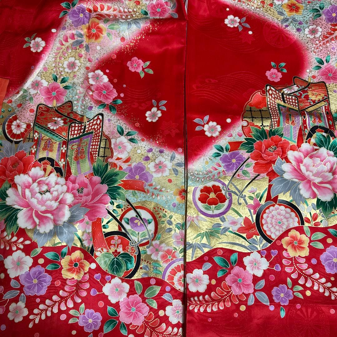 七五三　女の子　７歳　正絹着物　長襦袢　袋帯　御所車花文　暈し染め　金彩　逸品