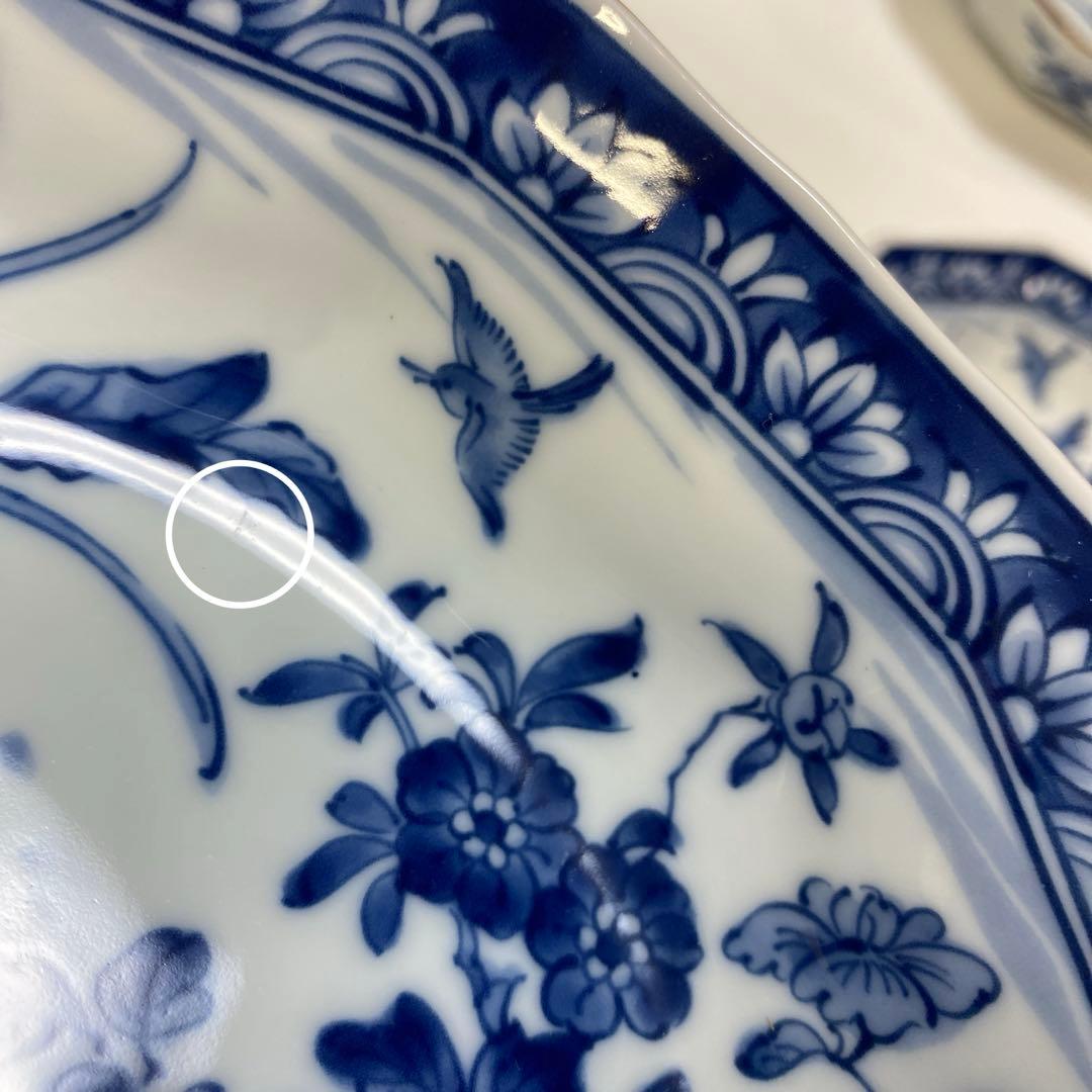 前畑陶器　染付け　グラタン皿　5枚　八角　花鳥　手付き　ボウル　皿　鉢　和柄