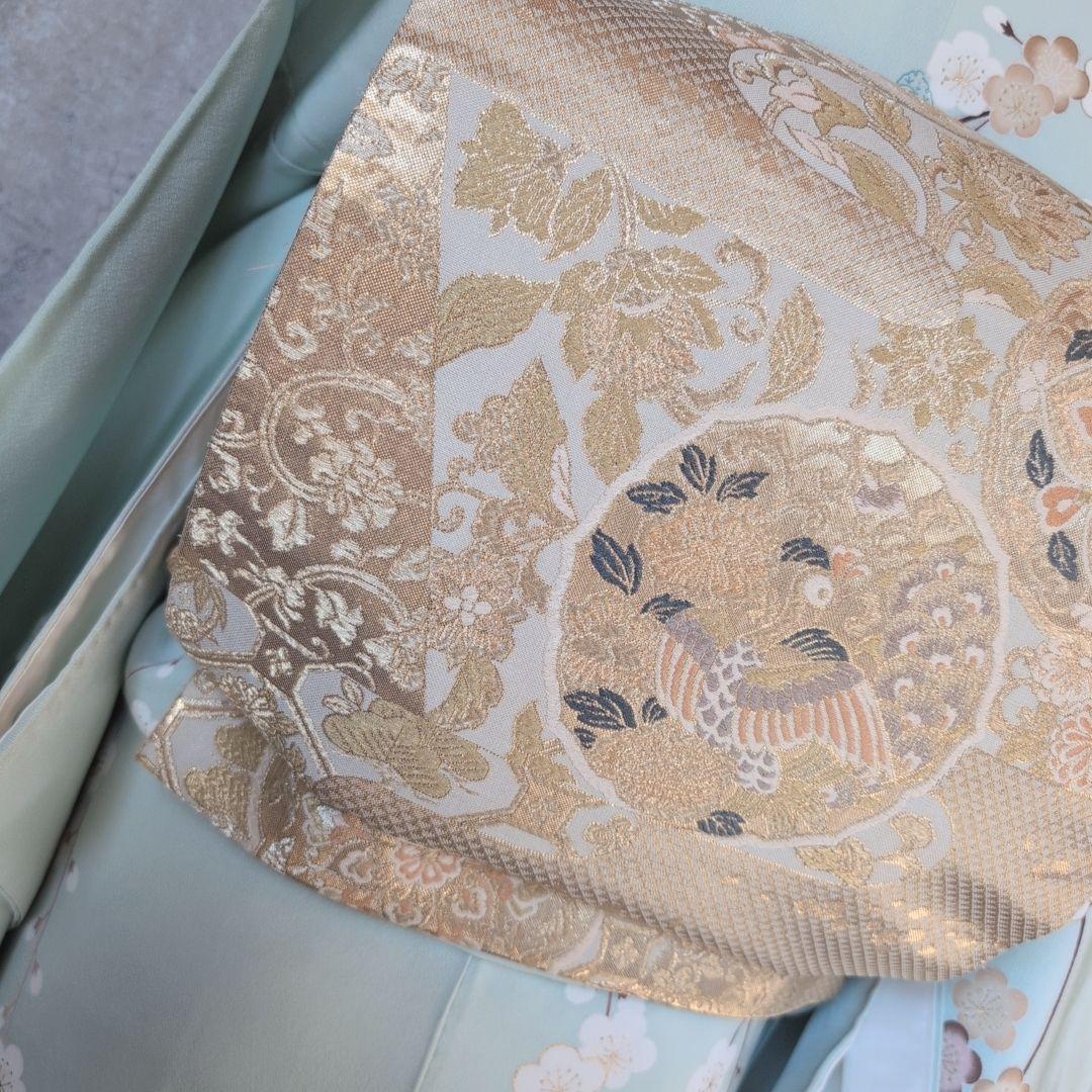 訪問着　フルセット　着物　正絹　ミントグリーン桜梅紅葉　金　落款　祝い事　C1