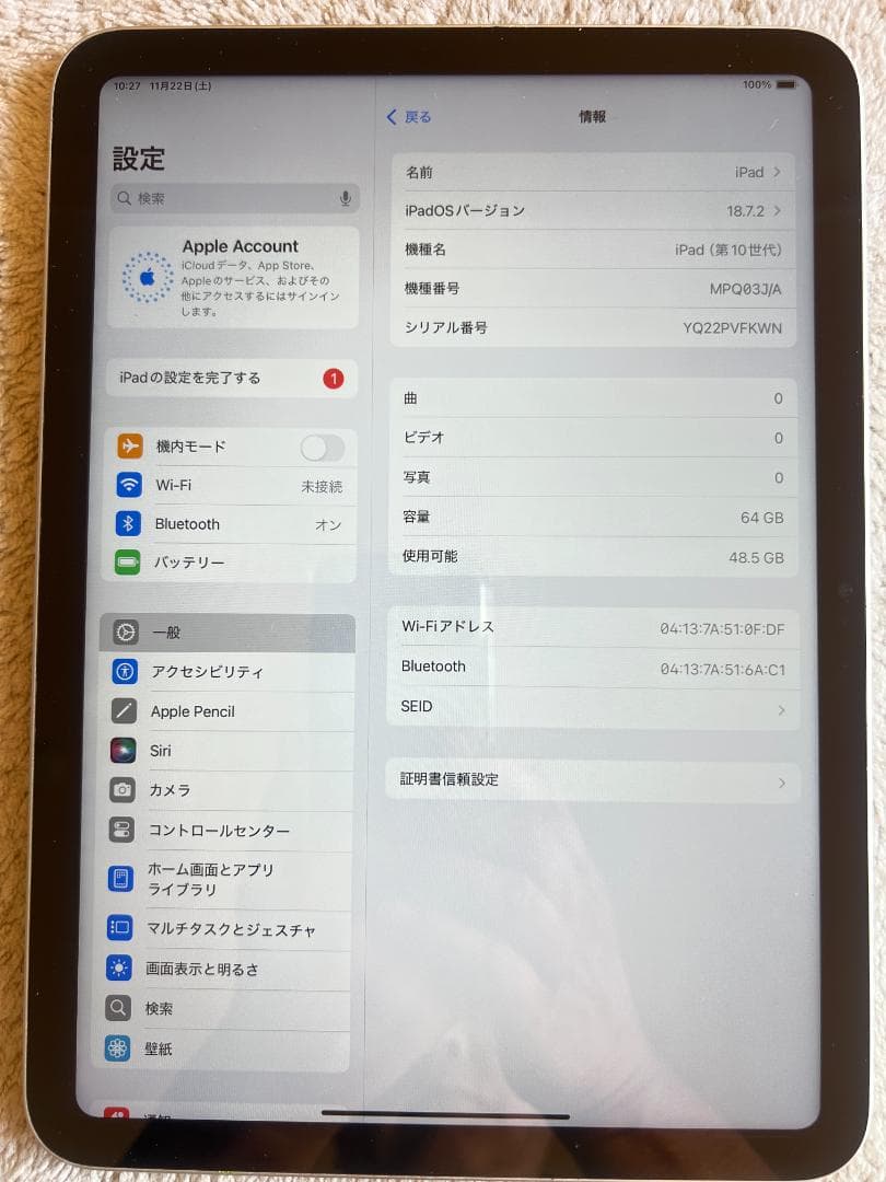iPad 第10世代10.9インチ Wi-Fi ６４GB バッテリー100％