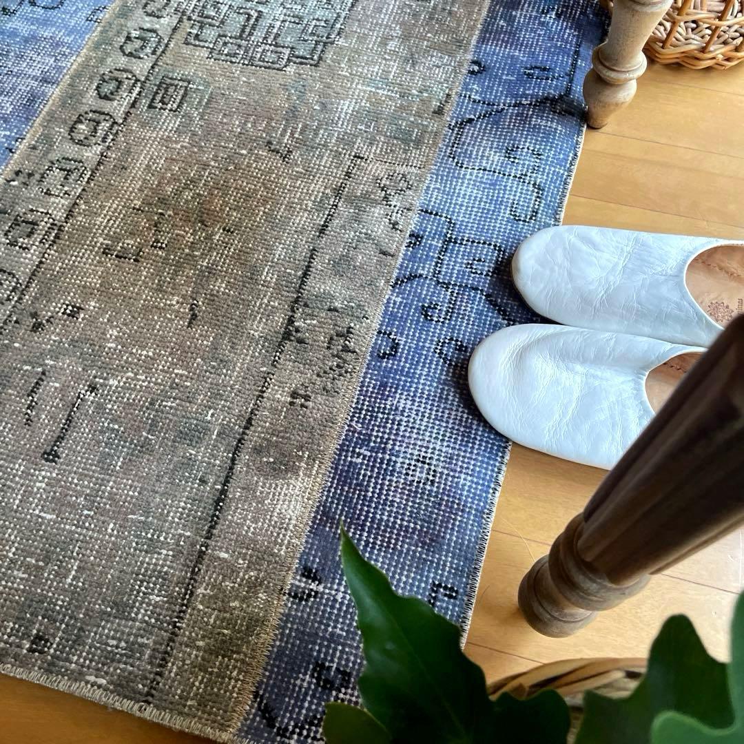 58×82 パッチワークオーバーダイ　ブルー×グレイ　トルコヴィンテージラグ