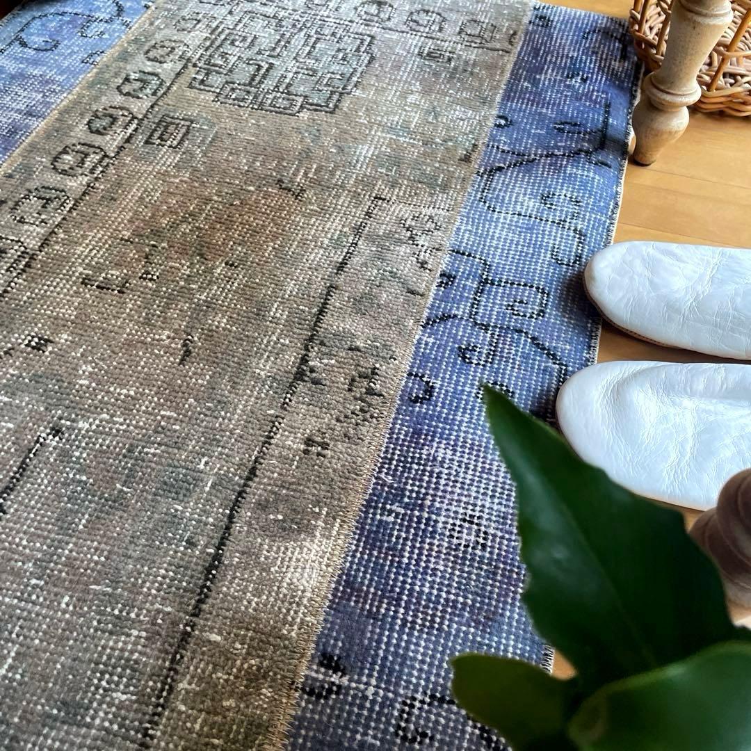 58×82 パッチワークオーバーダイ　ブルー×グレイ　トルコヴィンテージラグ