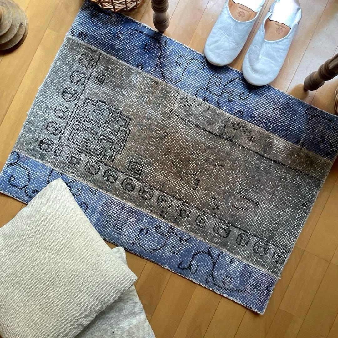 58×82 パッチワークオーバーダイ　ブルー×グレイ　トルコヴィンテージラグ