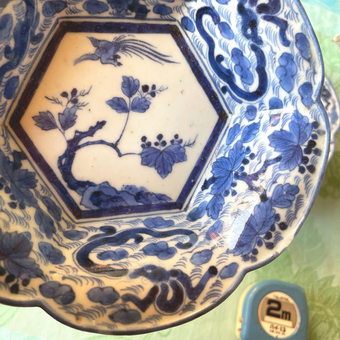 古伊万里　染付　桐　鳳凰　龍　変形皿　2客