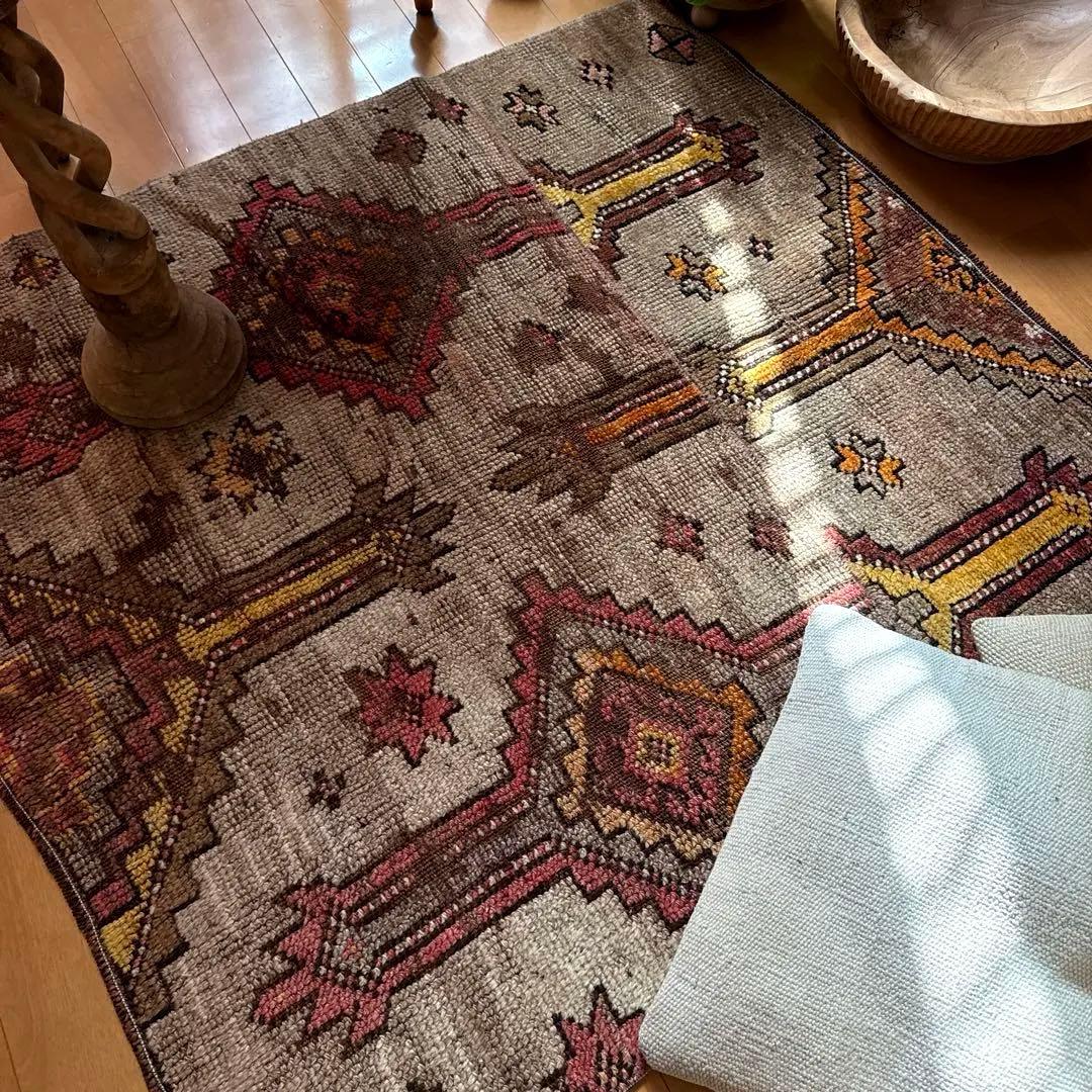 レア93×97 正方形サイズ　ウール　ブラウン　トルコヴィンテージラグ