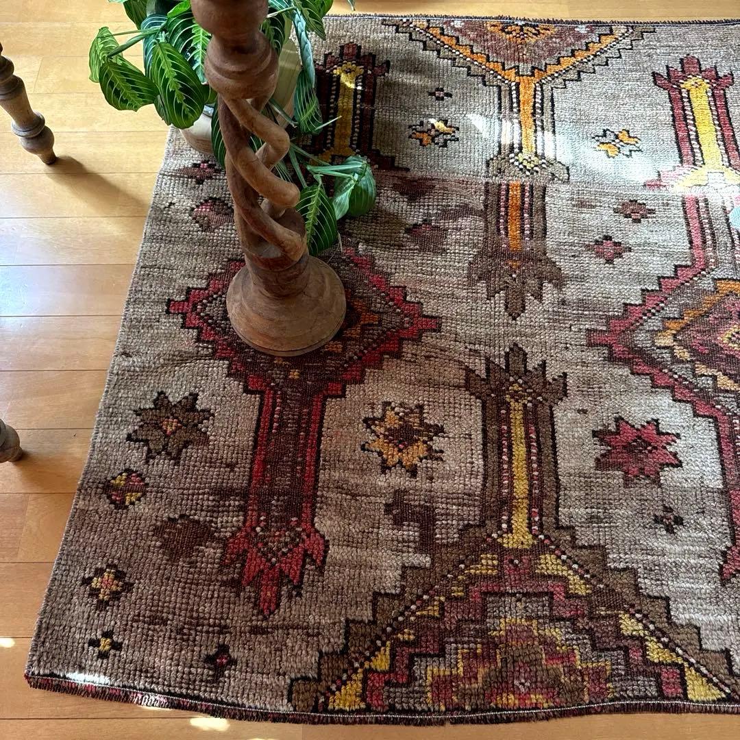 レア93×97 正方形サイズ　ウール　ブラウン　トルコヴィンテージラグ