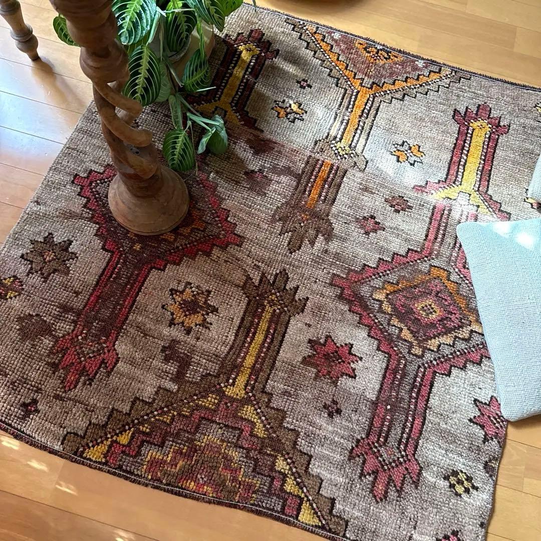 レア93×97 正方形サイズ　ウール　ブラウン　トルコヴィンテージラグ