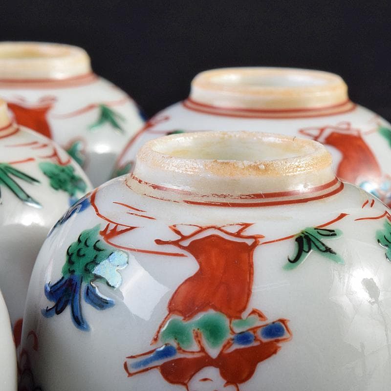 煎茶道具　九谷焼　赤絵　人物文　煎茶碗　六客　仕覆・時代箱付　M　R7559