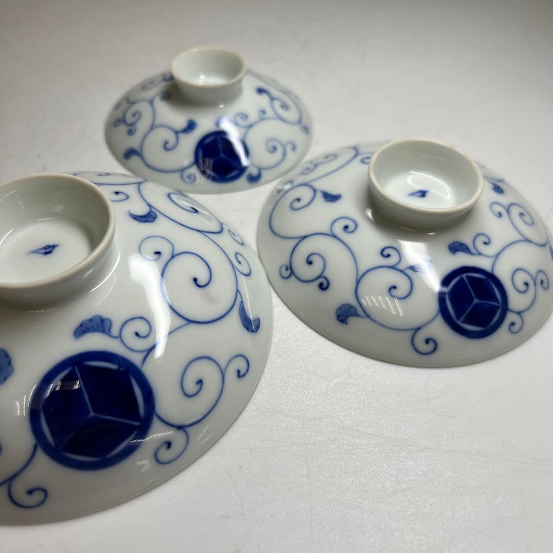 時代　深川製　染付三ツ盃　木箱付　直径11.6/9.6/7.9㎝