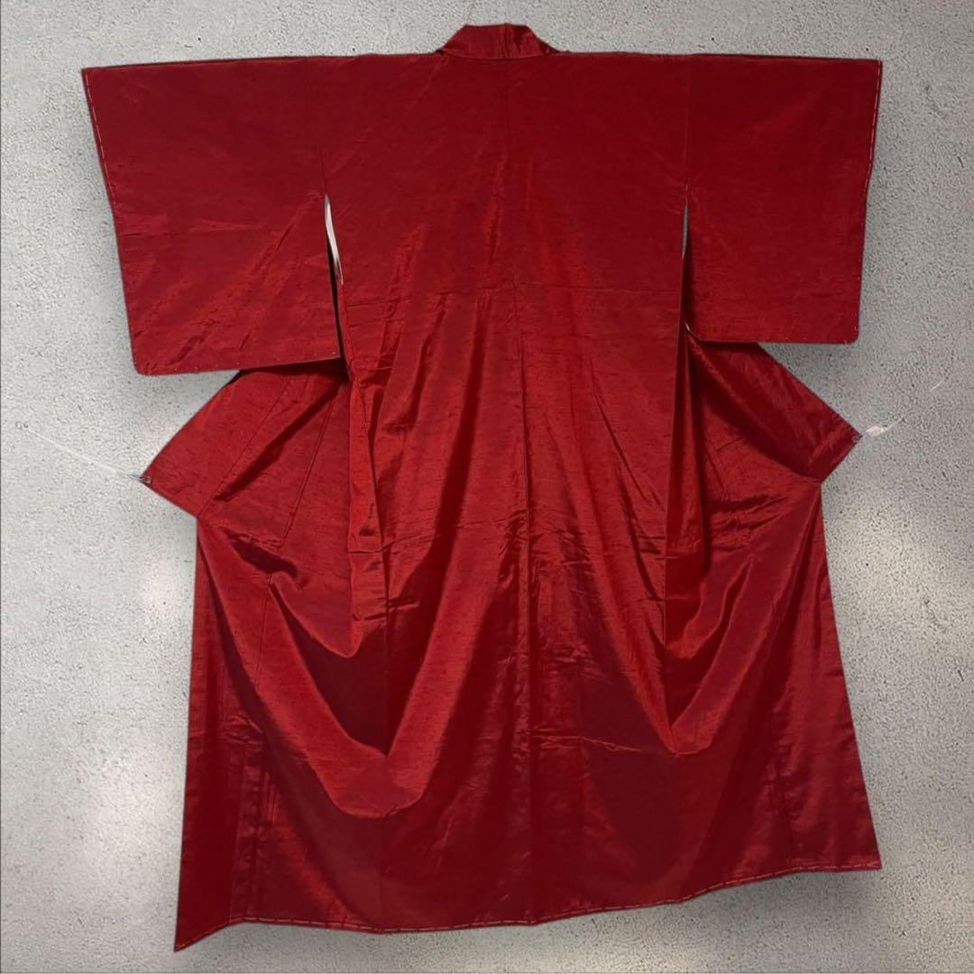 sy254 色紬 正絹 紬着物 色無地 身丈159裄丈67 新品美品 赤