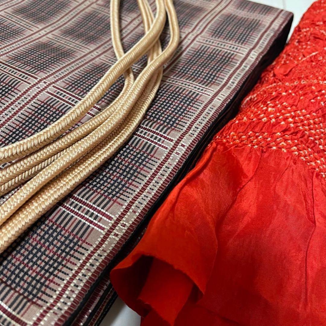 sy254 色紬 正絹 紬着物 色無地 身丈159裄丈67 新品美品 赤