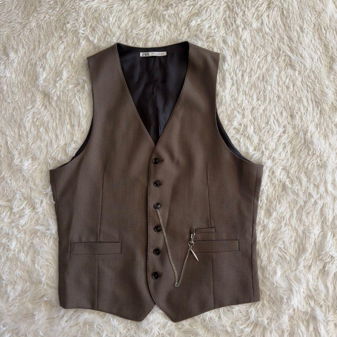 人気✨ZARA スリーピース　3P スーツ　バーズアイ柄　ラペルピン　チェーン