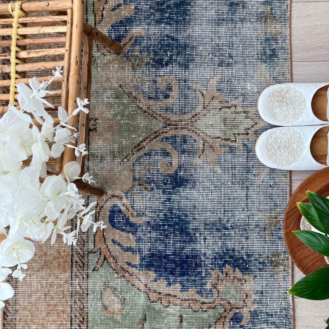 デニムブルー✳︎72×188 ベージュ　ロング　ランナー　トルコヴィンテージラグ