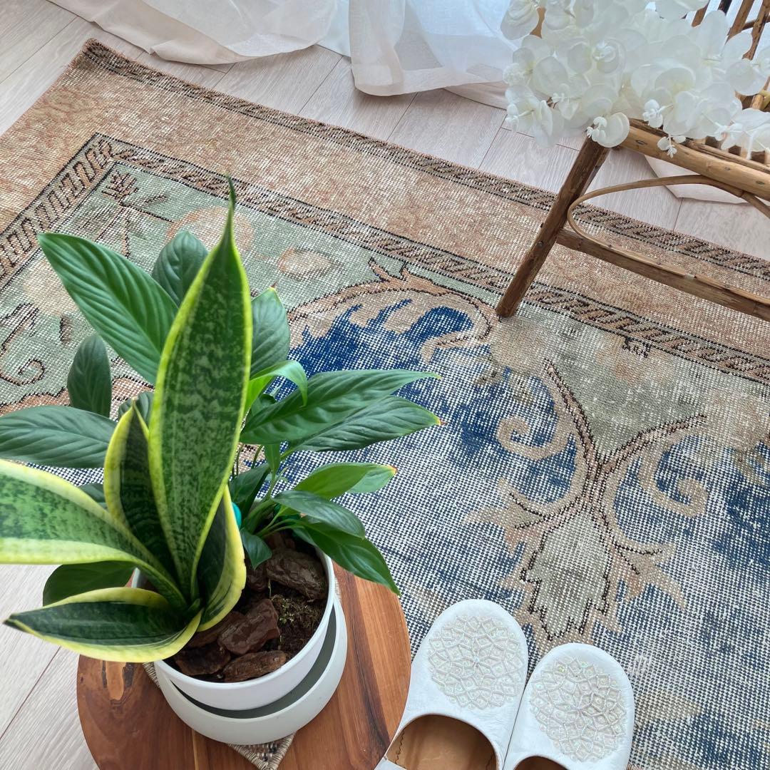 デニムブルー✳︎72×188 ベージュ　ロング　ランナー　トルコヴィンテージラグ