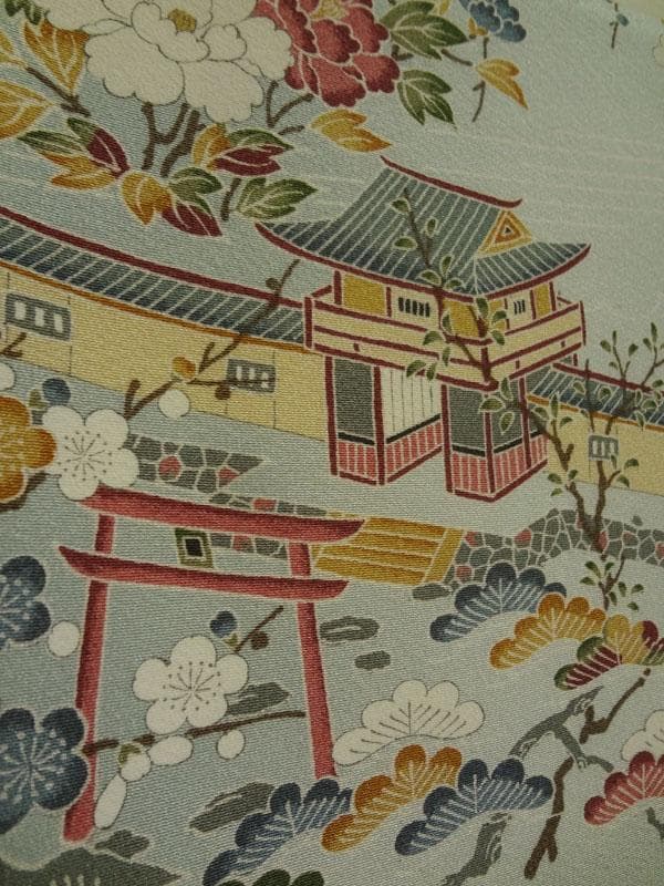 青緑色のぼかしに御所解模様　浜ちりめん　小紋