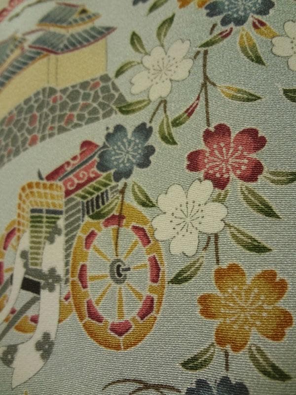 青緑色のぼかしに御所解模様　浜ちりめん　小紋