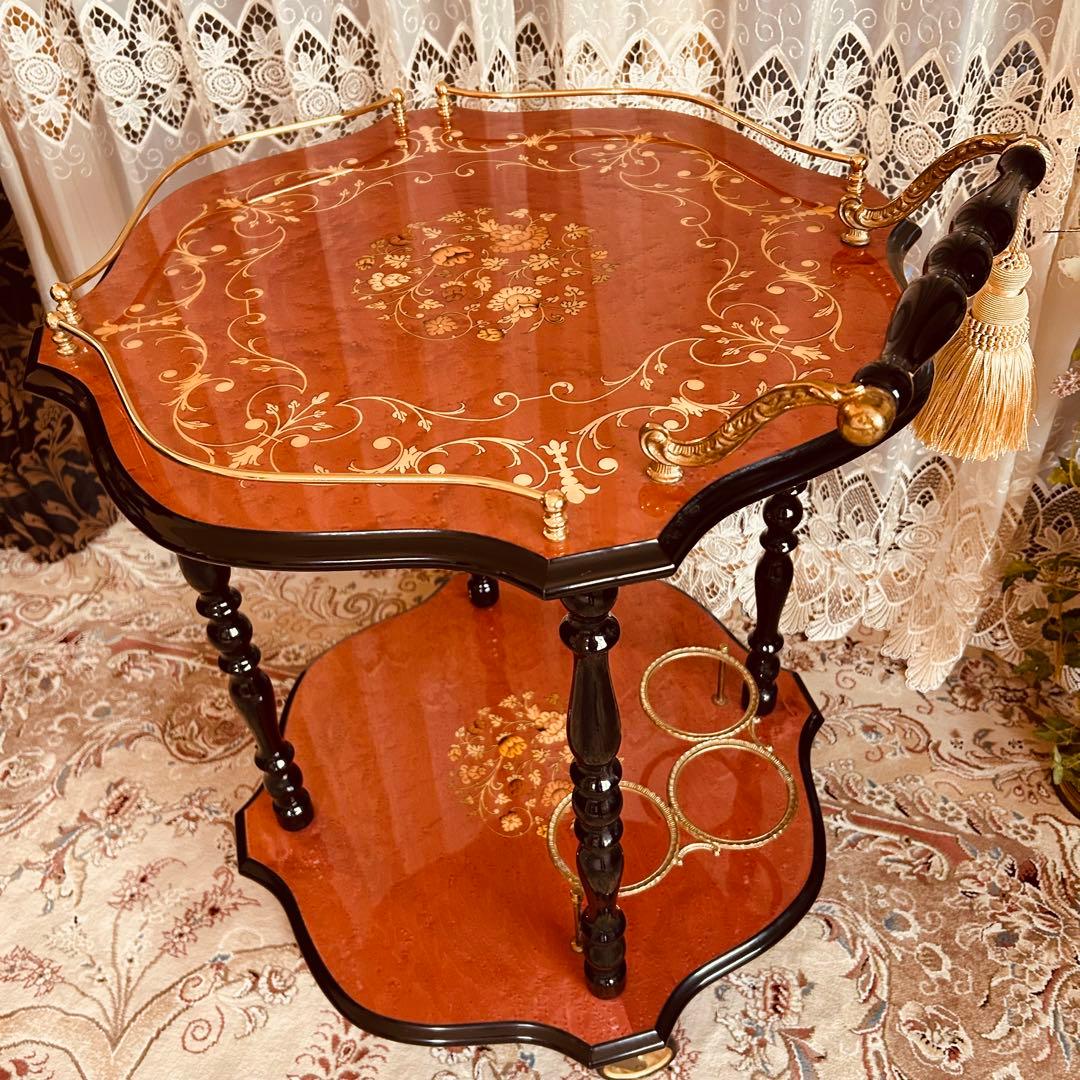 イタリア製象嵌キッチンワゴン　タッセル1本　アンティーク輸入家具　サイドテーブル