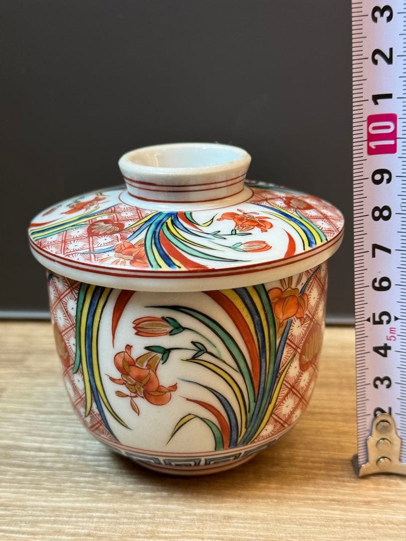 1501 九谷焼　錦絵文　蒸茶碗　10客