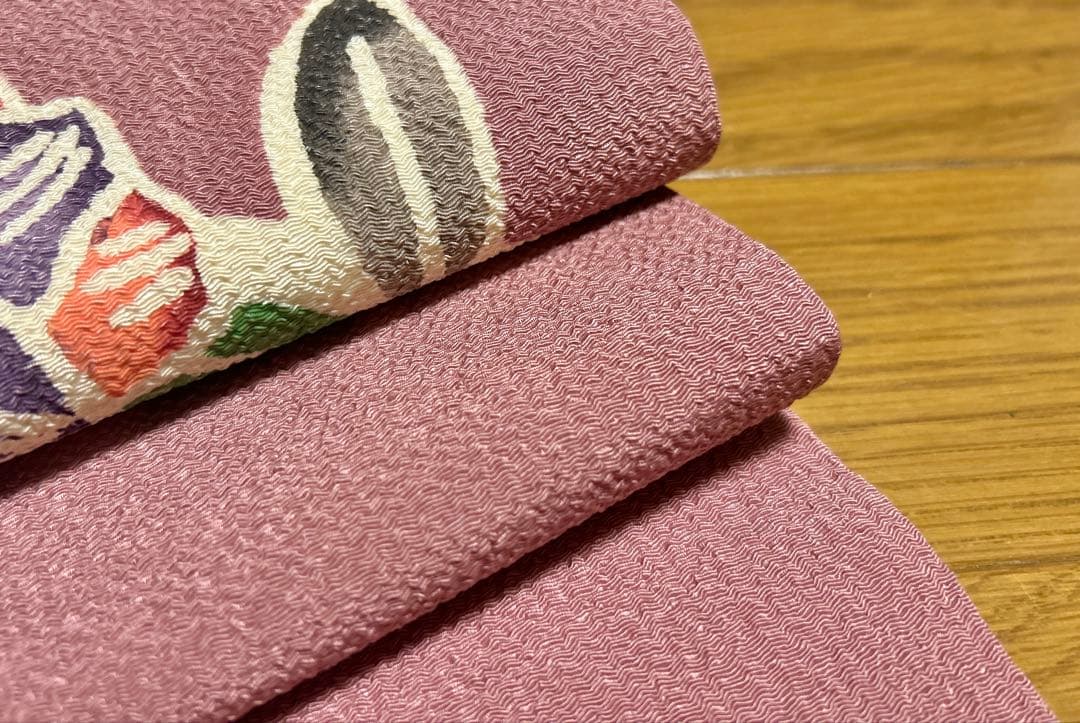 本場琉球紅型染 名古屋帯 正絹 縮緬 中古 ピンク 薄赤紫 上質 yzk742