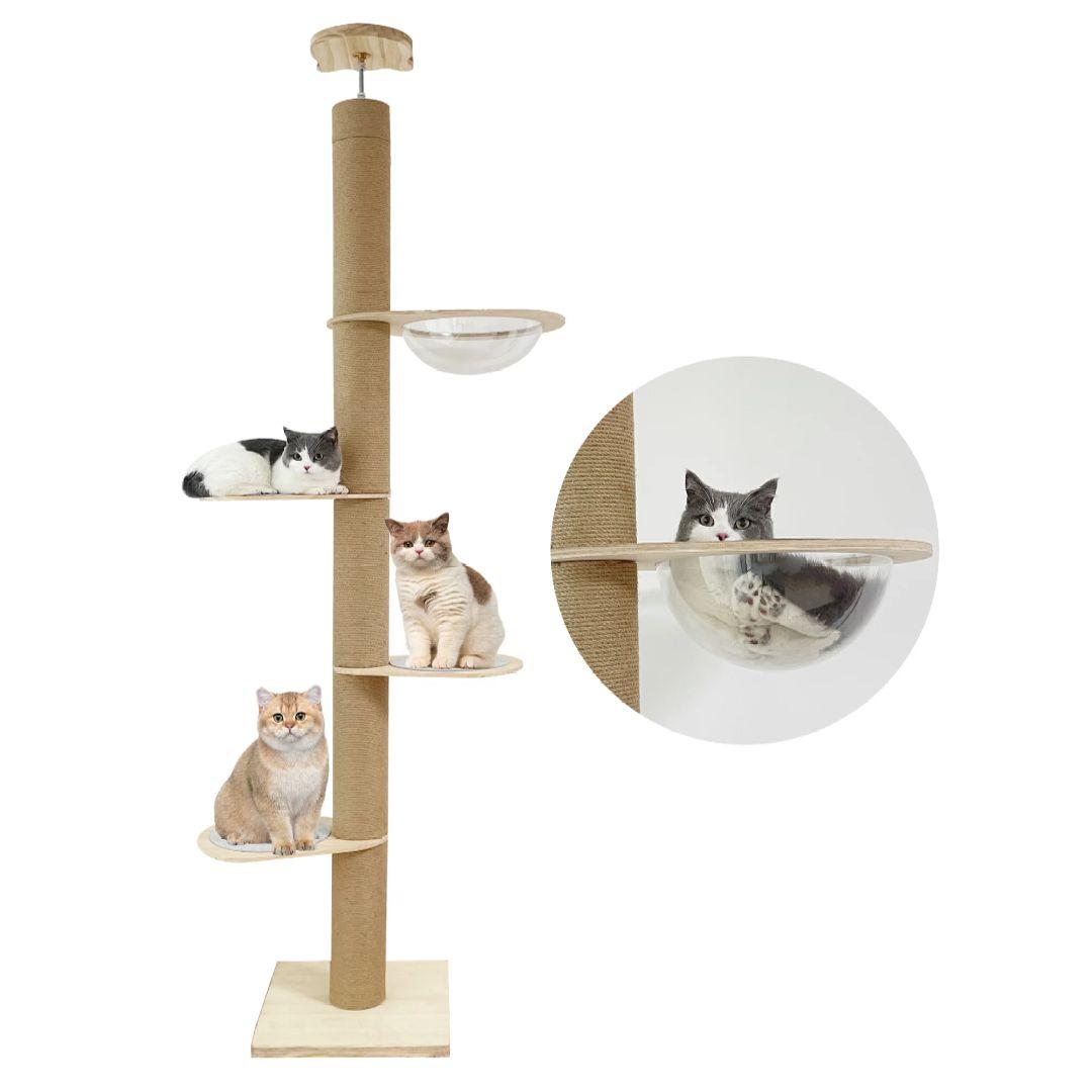 突っ張り型キャットタワー 麻 木材 透明ボウル付き