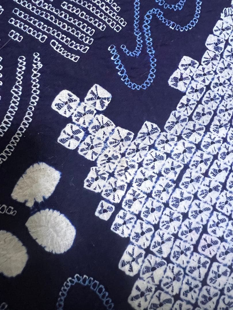 洗える夏着物 綿『ネイビーブルー×葉』トールサイズ 有松鳴海絞り 浴衣