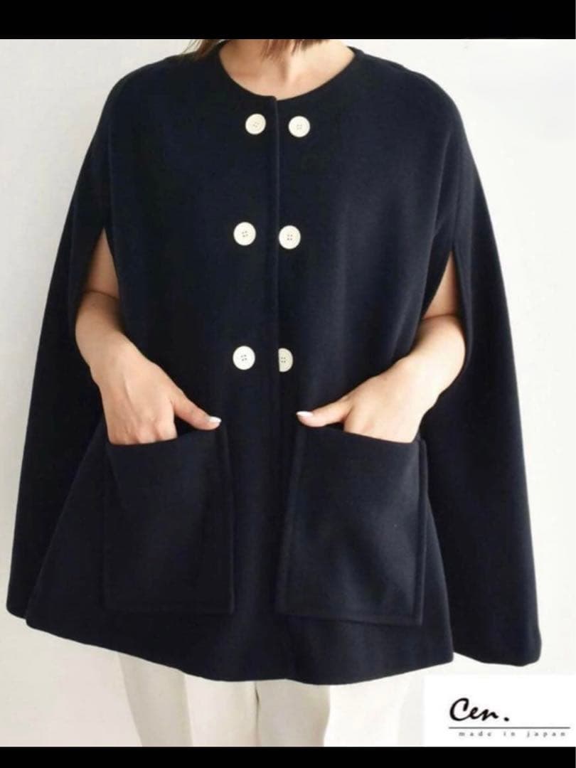 新品タグ付　cen. セン　ウールライクポンチョコート ネイビー　リバー