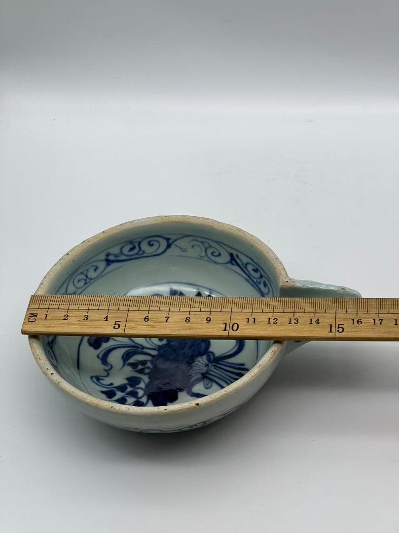 元時代　染付青花蓮池唐草文洗　輪花盤　古染付皿　唐物　古賞物(A-107)