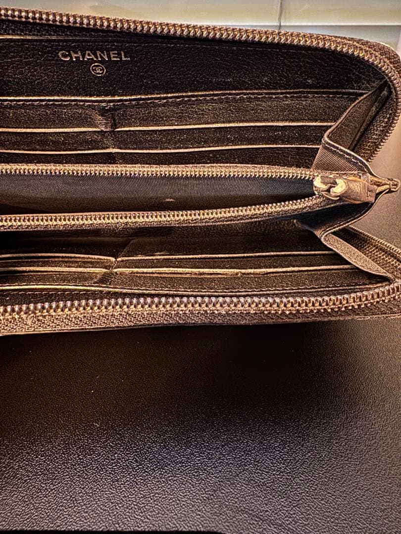 makotoシャネル カメリア ラウンドファスナー 長財布 ブラック