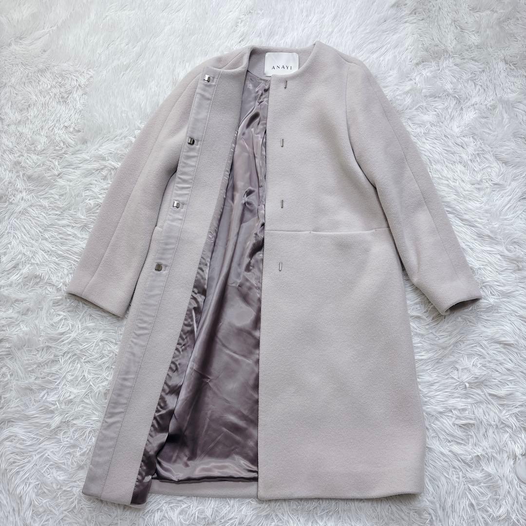 ANAYI アナイ ダブルビーバー クルーコート ノーカラー カシミヤ混 ピンク