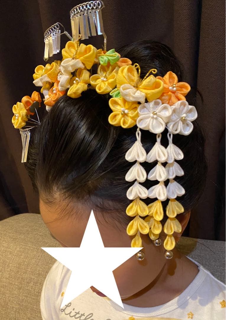 着用画像あり！七五三髪飾り　勝山　正絹　7歳　黄色