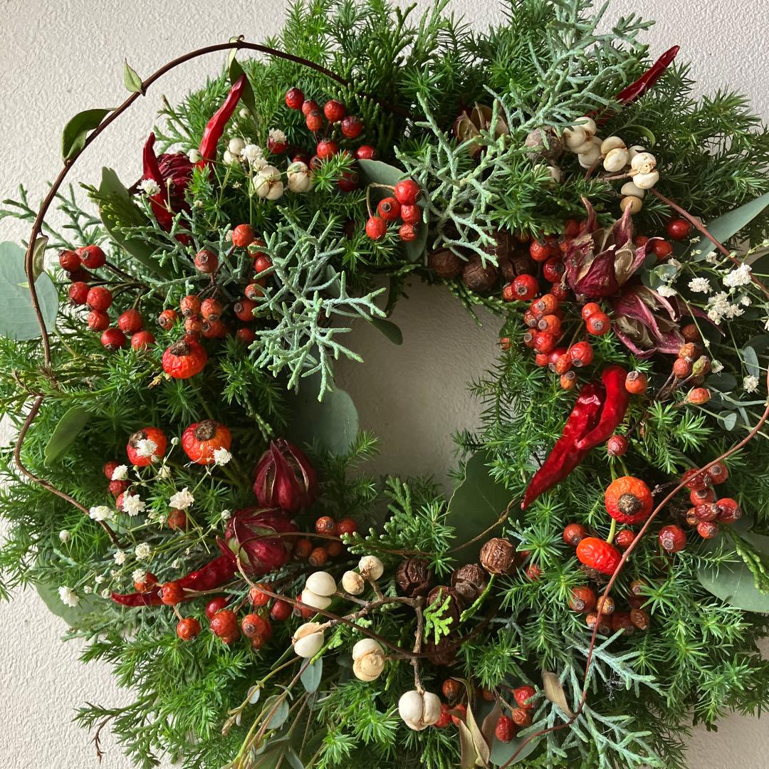赤い実のクリスマスリース　ローズヒップ　ローゼル　野バラの実　フレッシュ針葉樹
