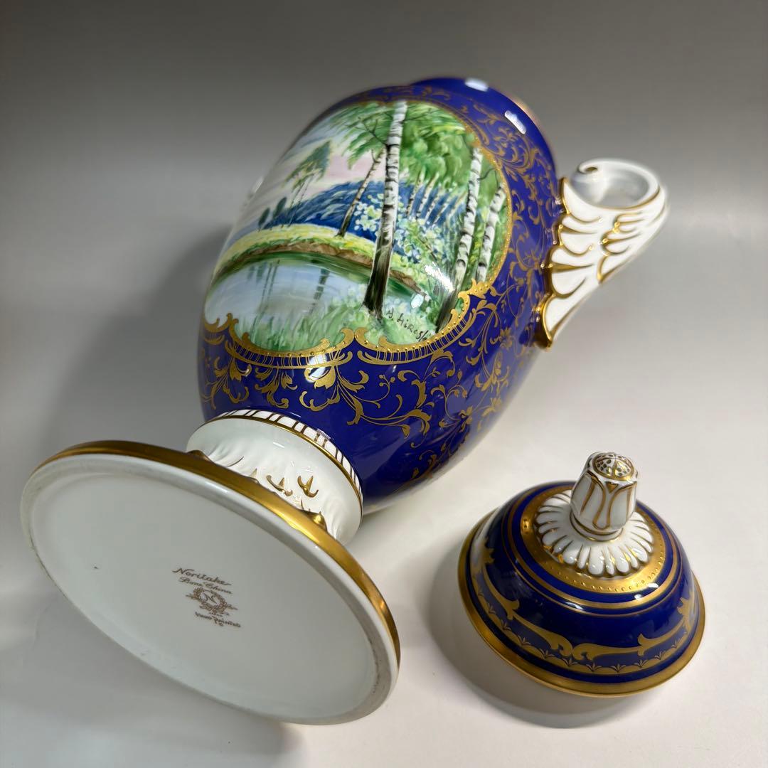 モ*モ様 ノリタケ 飾り壺 金彩 コバルトブルー ハンドペイント 風景