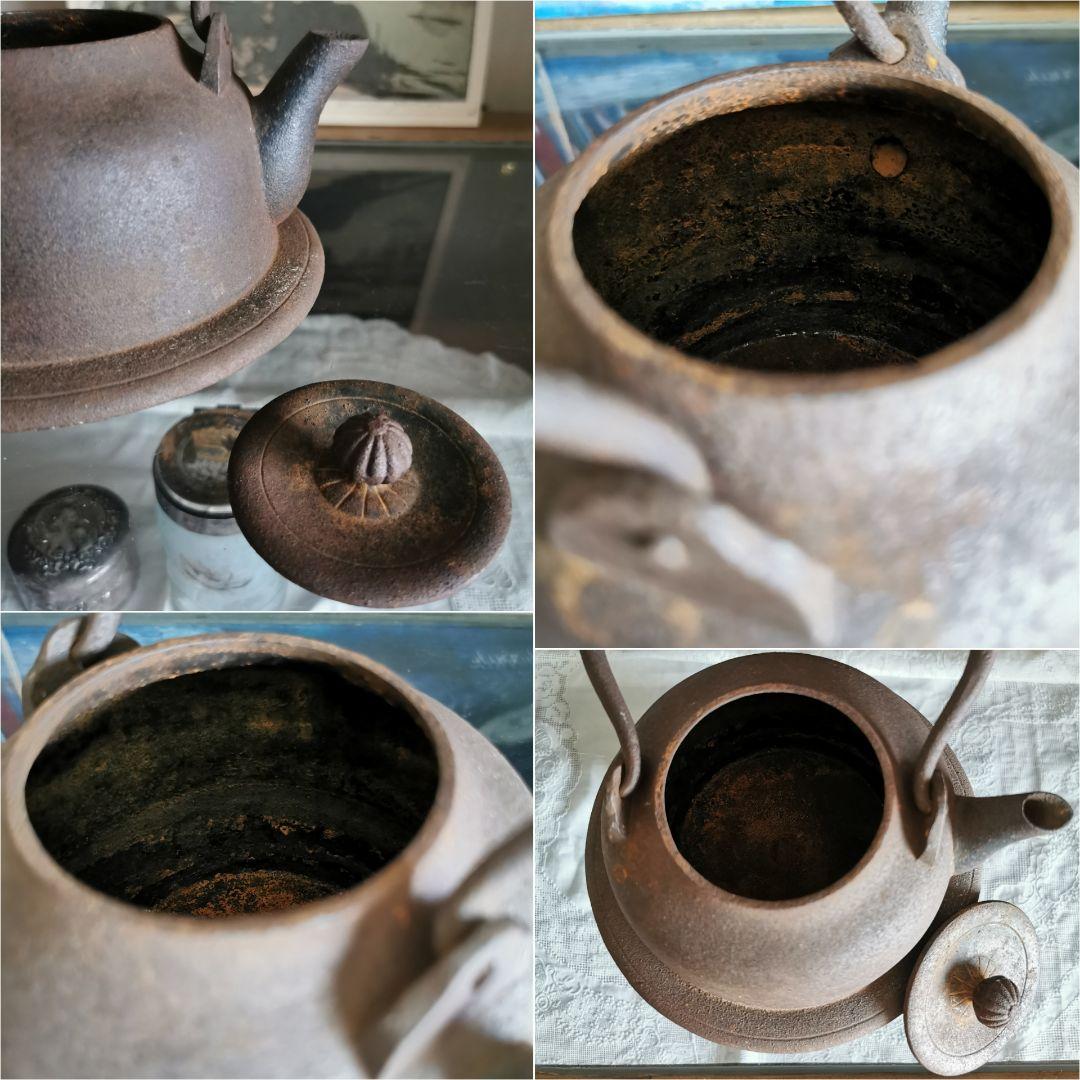 和骨董 重厚な１Ｌ南部鉄瓶 赤紫茶鉄器 珍しい胴下周り装飾付フォルム 菊/蓮摘み