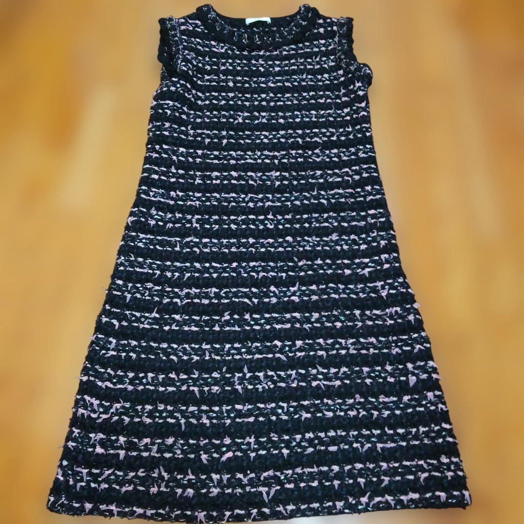 Rene ノースリーブツィードニットワンピース 黒とピンクツイード 34