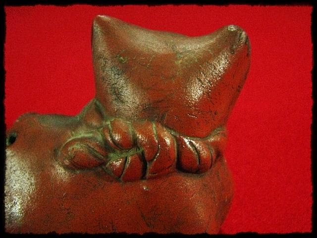 古備前 猫 水滴 ねこ ネコ 水注 朱泥 書道具 文房具 時代箱 kc304