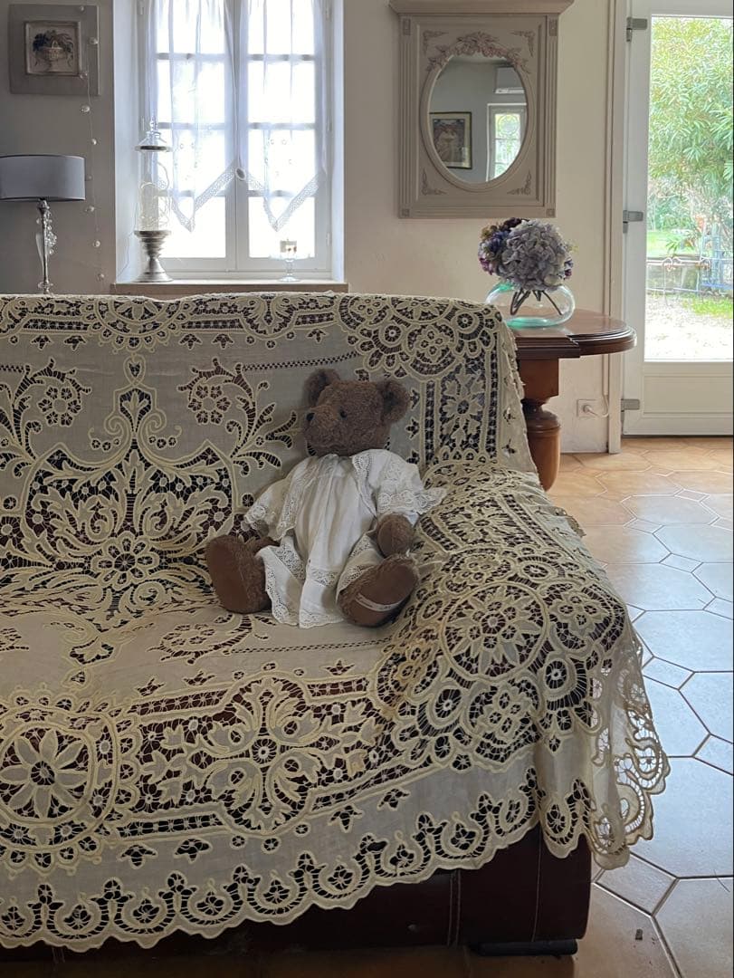 ◆フランスアンティークお宝級手刺繍超大判テーブルクロス大きいベッドカバーソファー