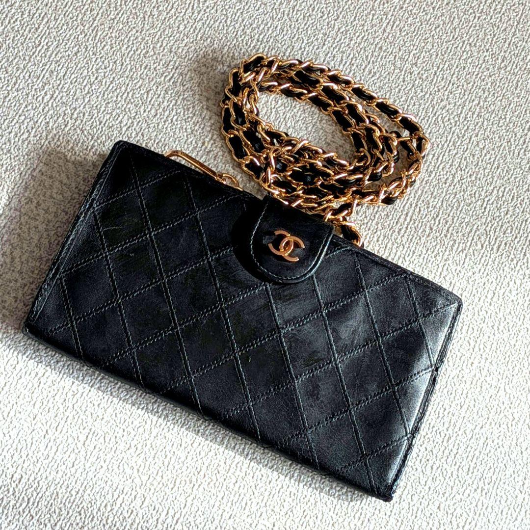 シャネル　ビコローレ　がま口長財布　黒　ラムスキン　チェーンウォレット
