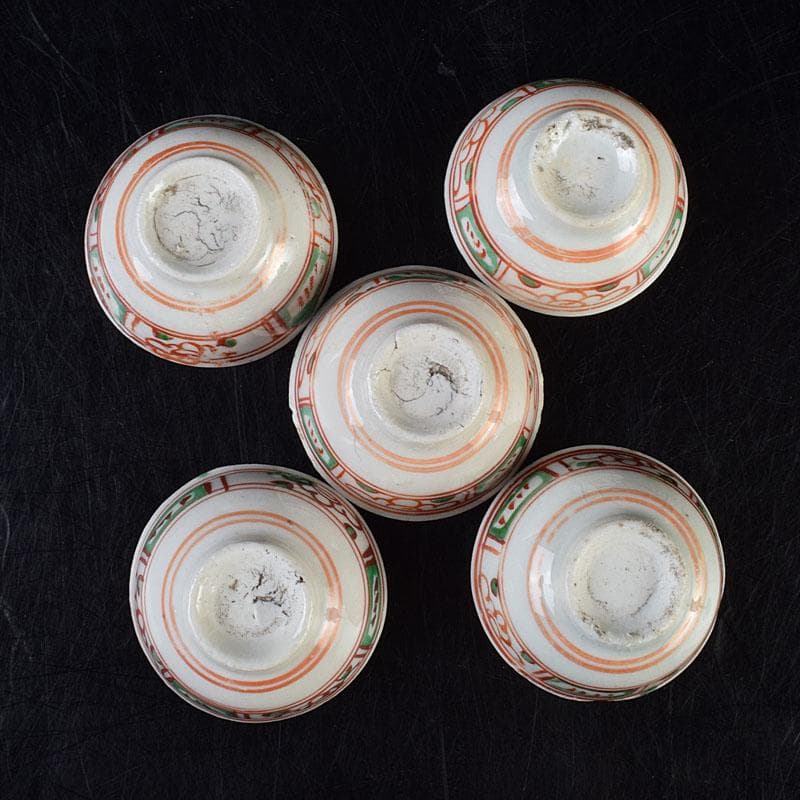 中国　古渡　赤絵呉須　花草文　煎茶碗　五客　時代箱　V　R9530