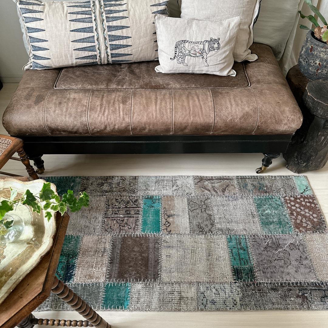 トルコ ヴィンテージラグ A29 高級 レア ターコイズ グレー パッチワーク