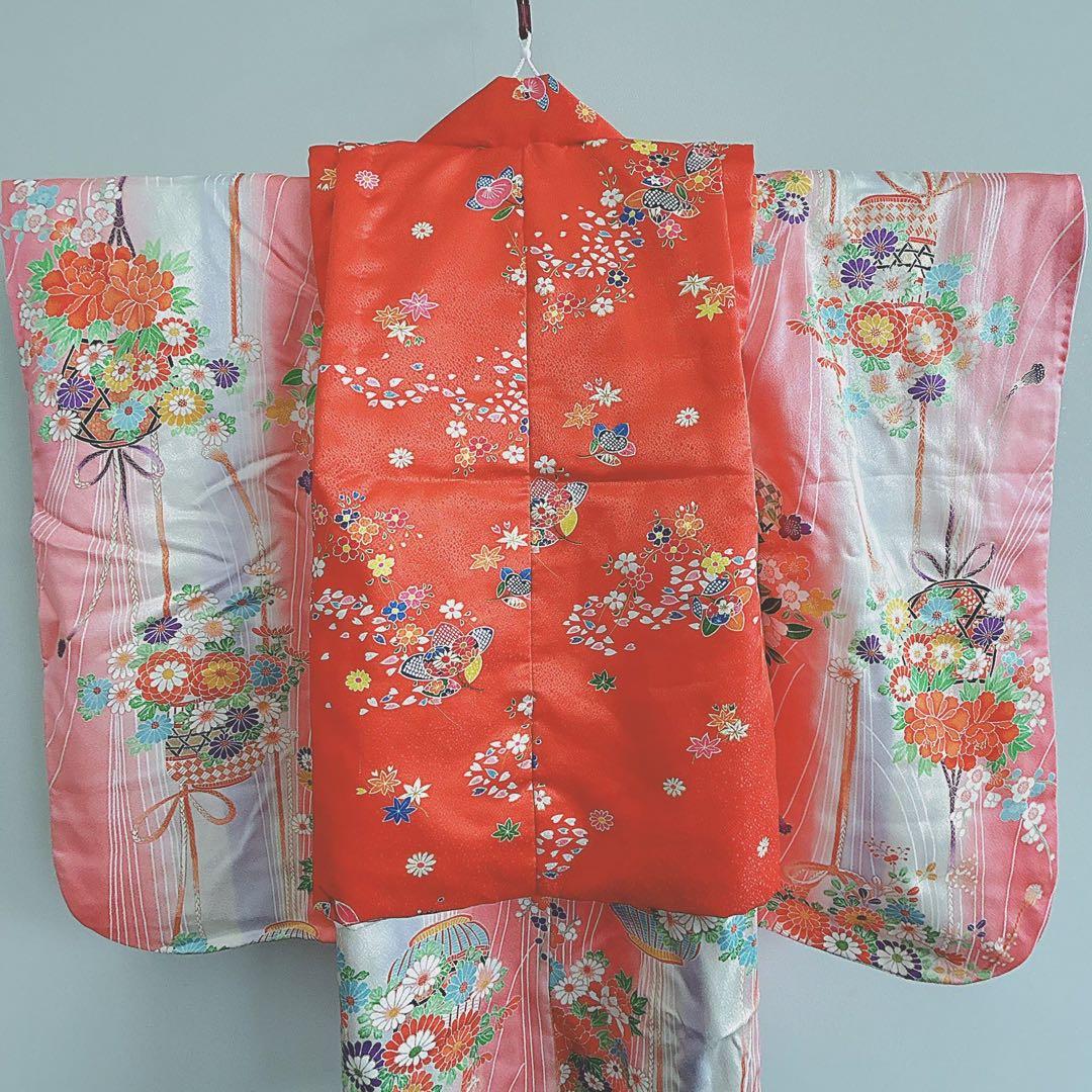 セット　七五三　３歳女の子　長着＆被布＆袖なし長襦袢＆小物　ピンク×白×赤花籠