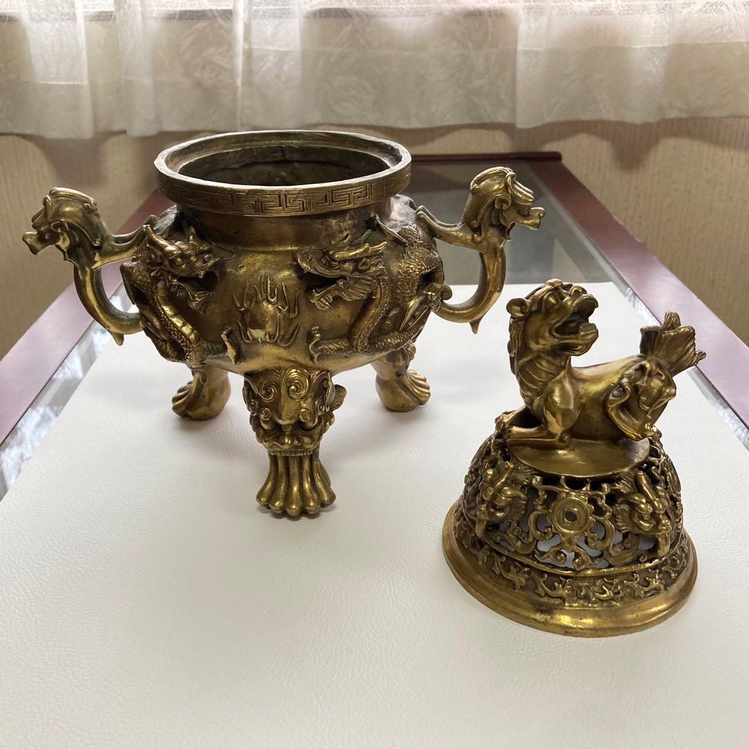 大明宣徳年鋳 香炉 銅製⁇ 真鍮⁇ 獅子 龍 工芸品 美術 大型 置物 レトロ