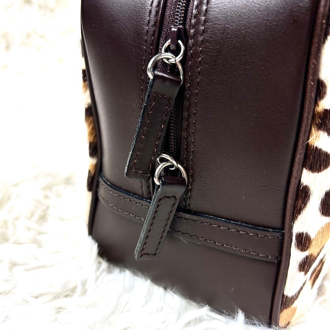 美品✨ 濱野皮革工藝 ハラコ レザー ハンドバッグ レオパード 皇室御用達 茶