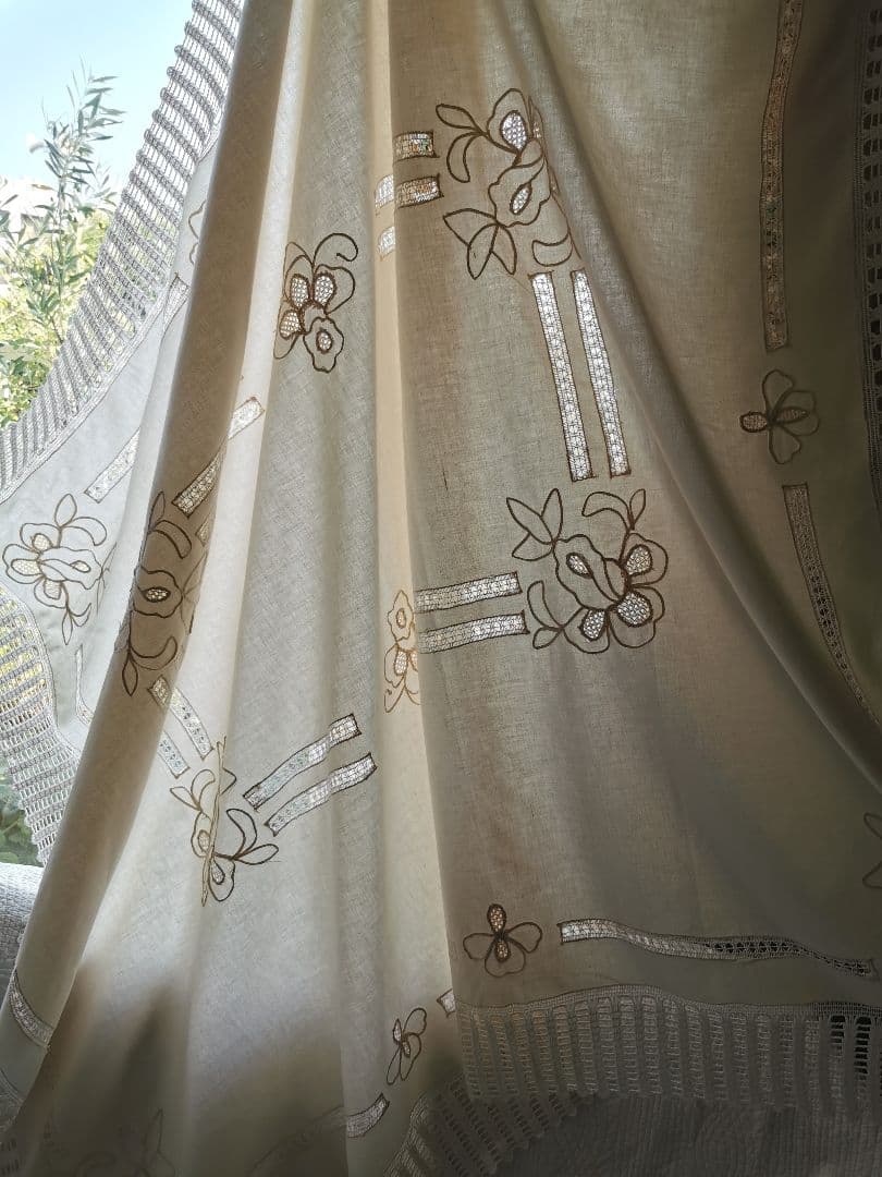 アンティークイタリア 淡いピンク 花刺繍＆ドローンワーク クロシェレースクロス