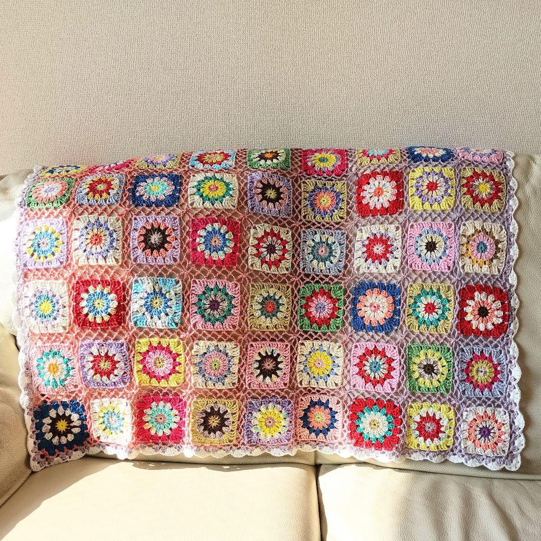 手編みブランケット★カラフル★グラニースクエア★コットン