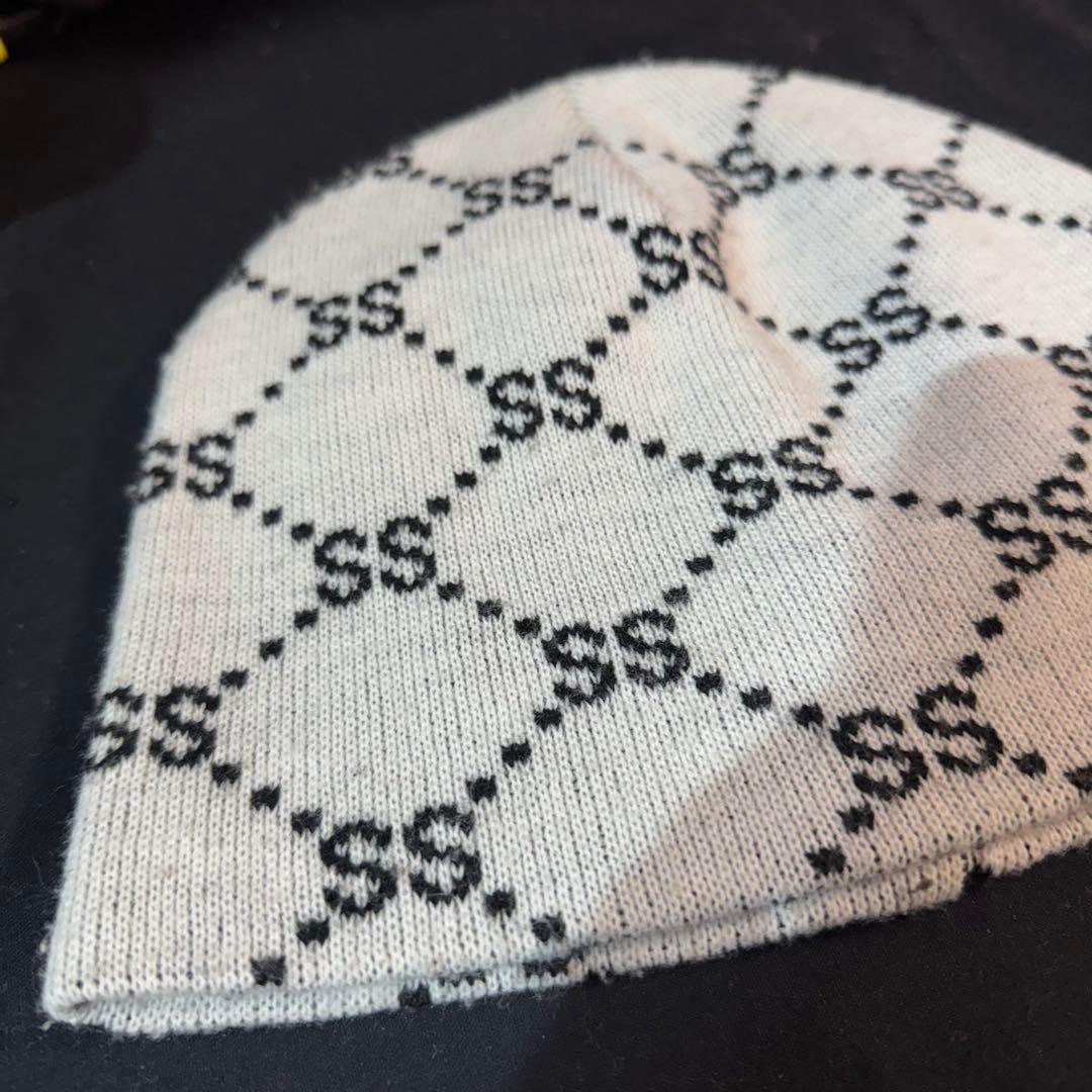 90s OLD STUSSY モノグラム SS ビーニー ホワイト ブラック