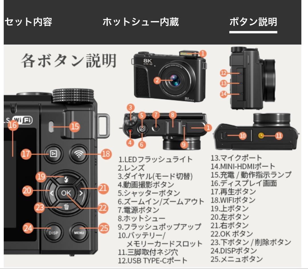 ホワイトAiMike 8K WIFI転送機能 デジタルカメラ